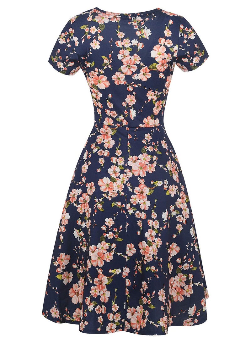 HELYO Prime Wardrobe Womens Clothing Vintage Beautiful Casual Short Sleeve Ladies Floral Fit Flare Party Cocktail 50s Office Blend Swing Dress 162 (M, Navy) - Image 4